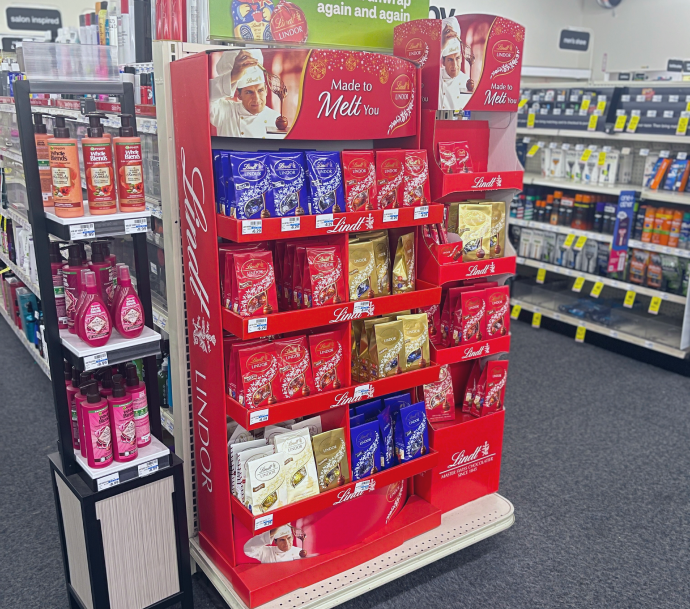 End cap store displays for promoting seasonal products and special offers.