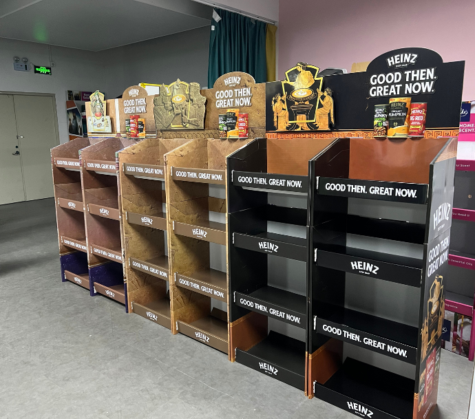 Cardboard floor displays retail for displaying multiple products in a compact space.